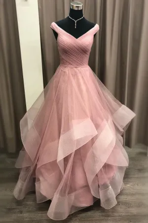 Pink tulle off shoulder long prom dress, pink evening dress