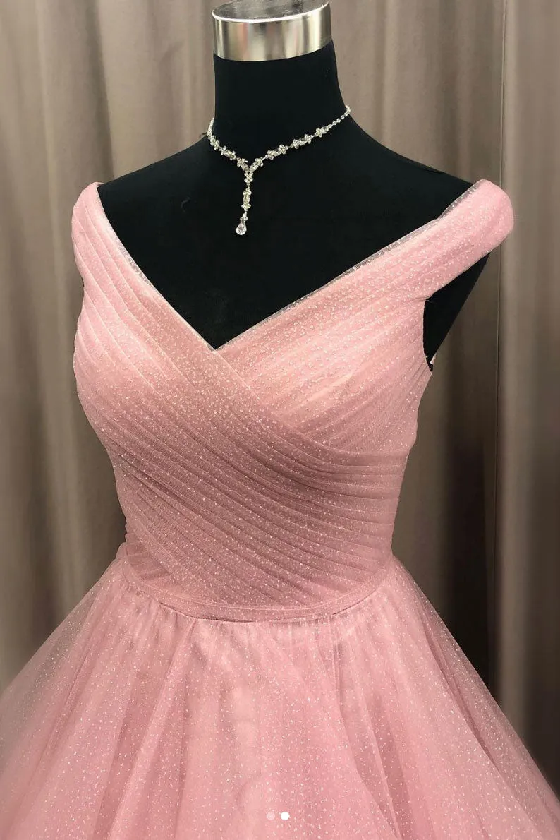 Pink tulle off shoulder long prom dress, pink evening dress