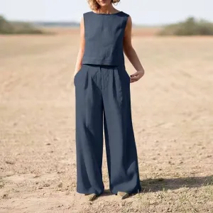 Plus Size Two-piece Casual Wide-leg Pants Sleeveless Cotton One-piece Suit for women