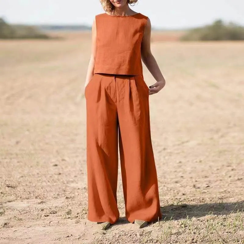 Plus Size Two-piece Casual Wide-leg Pants Sleeveless Cotton One-piece Suit for women