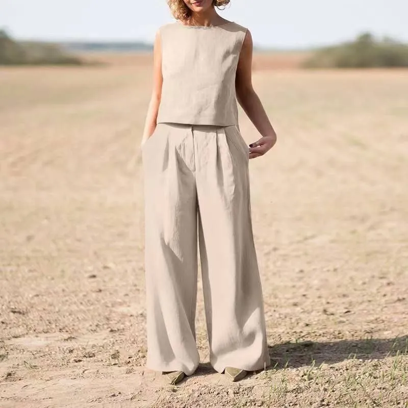 Plus Size Two-piece Casual Wide-leg Pants Sleeveless Cotton One-piece Suit for women