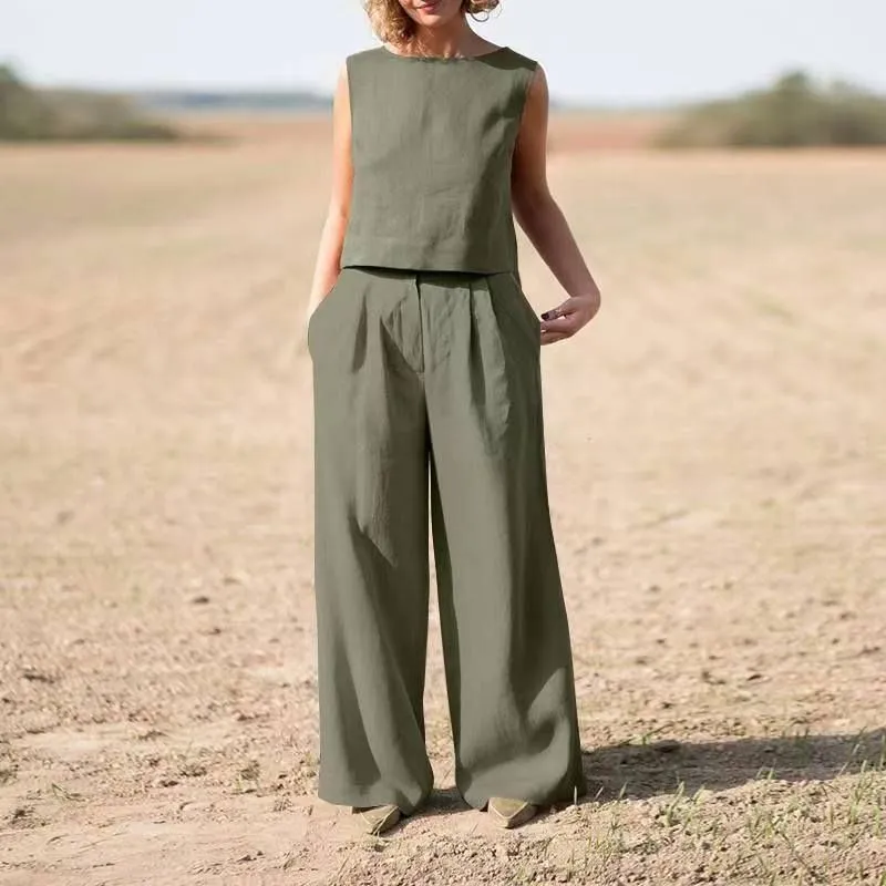 Plus Size Two-piece Casual Wide-leg Pants Sleeveless Cotton One-piece Suit for women
