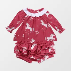 Red Unicorn Print Dress And Pant Set