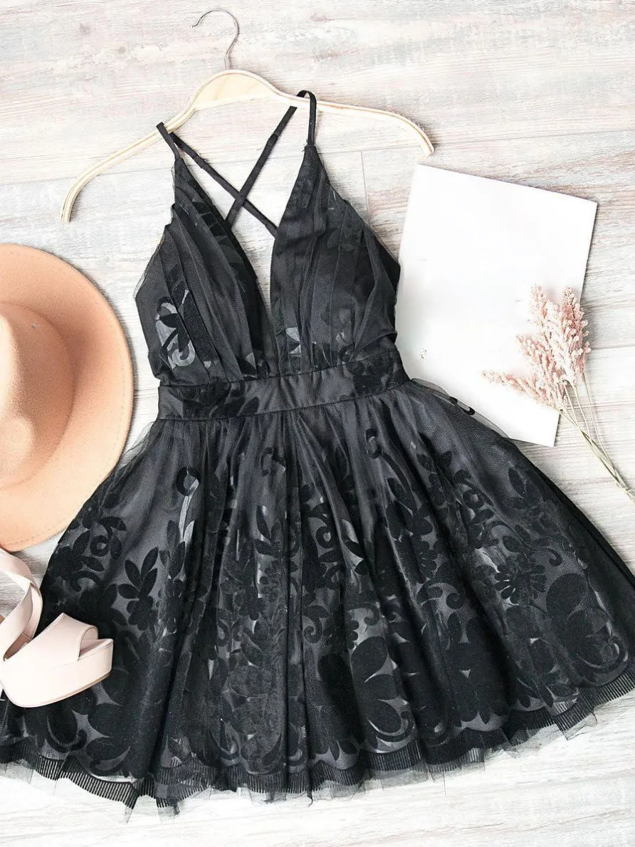 Red v neck tulle lace short prom dress, red homecoming dress