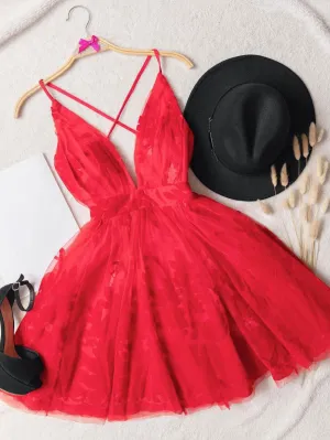 Red v neck tulle lace short prom dress, red homecoming dress