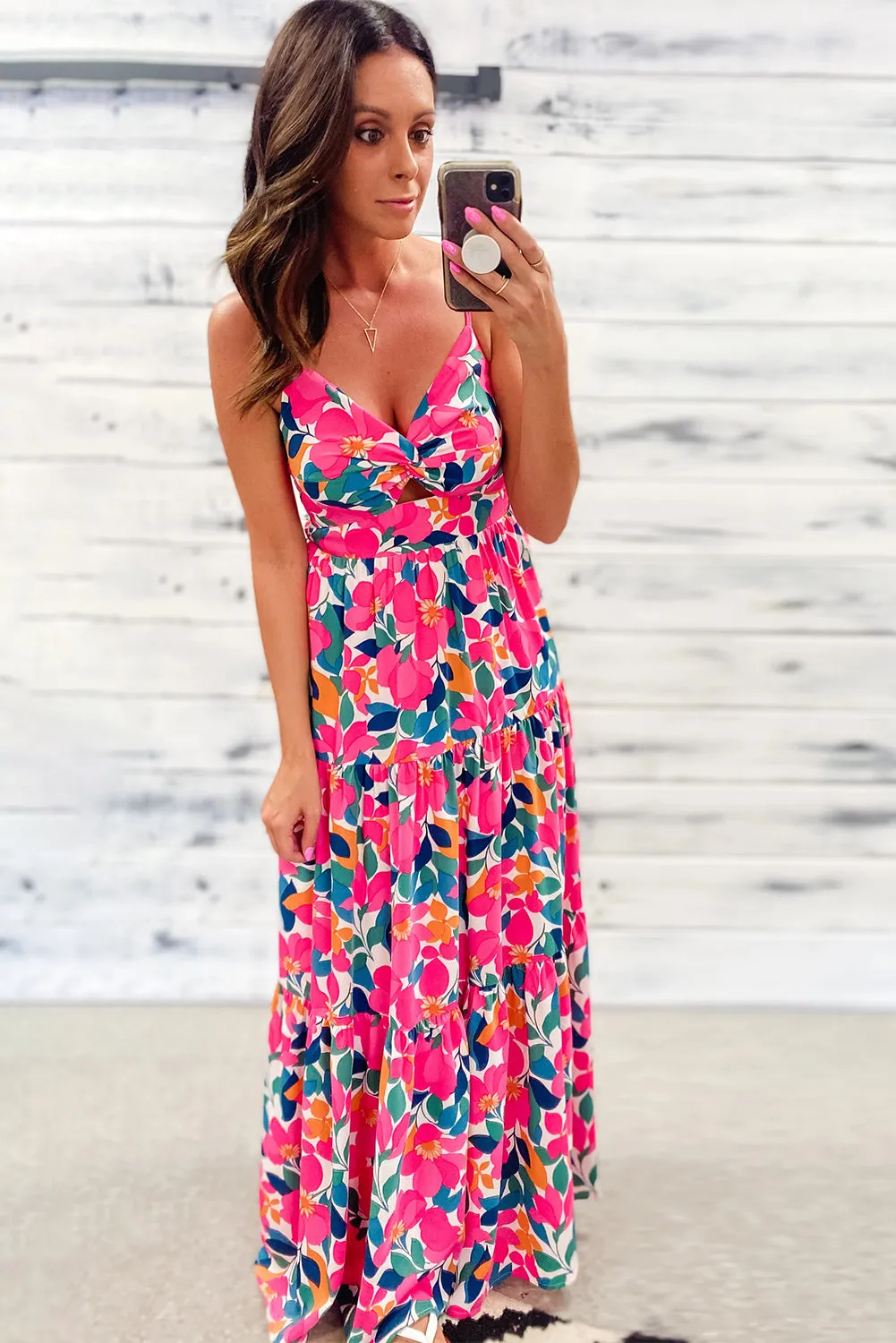 Rose Floral V Neck Twist Hollowed Tiered Cami Maxi Dress