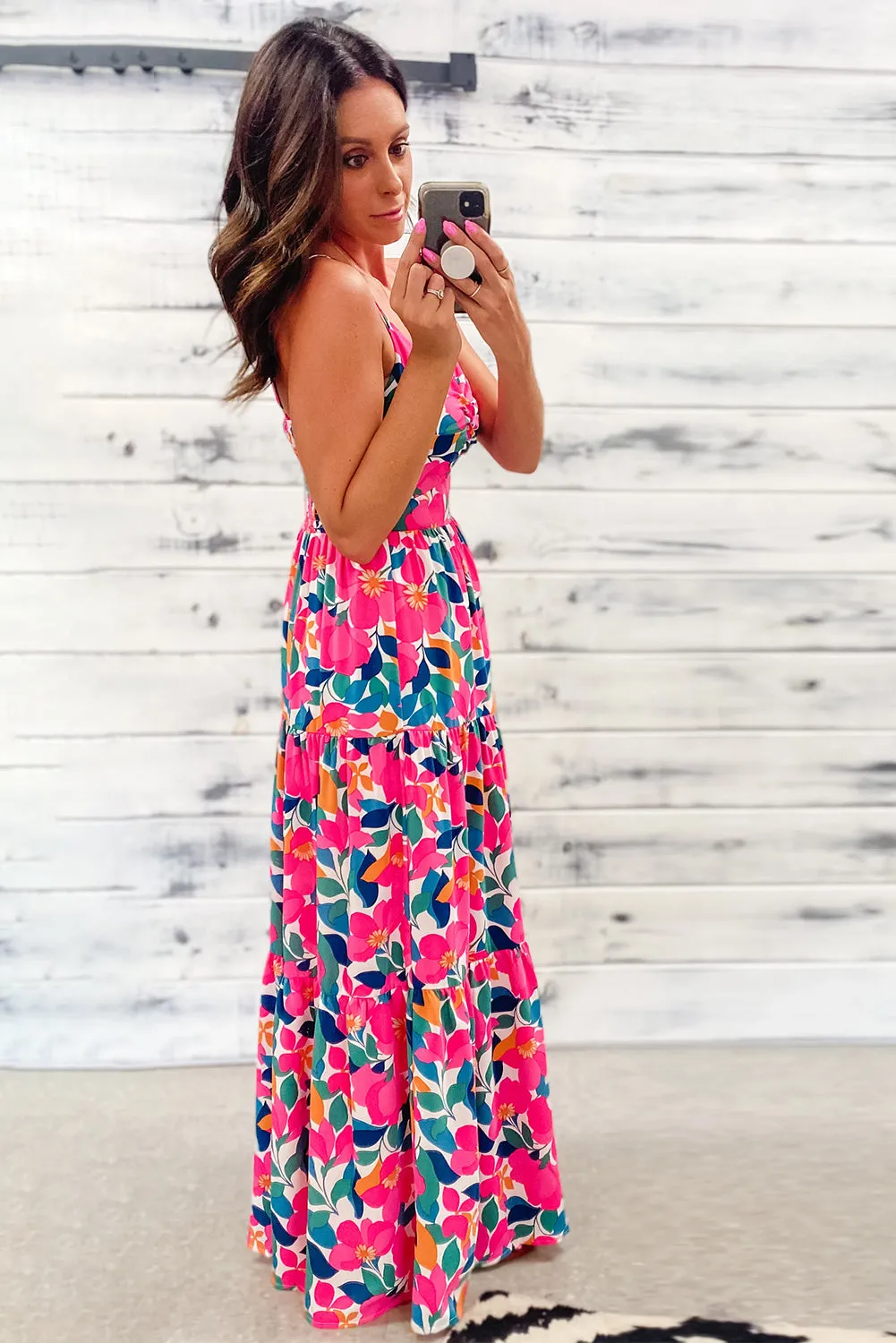 Rose Floral V Neck Twist Hollowed Tiered Cami Maxi Dress
