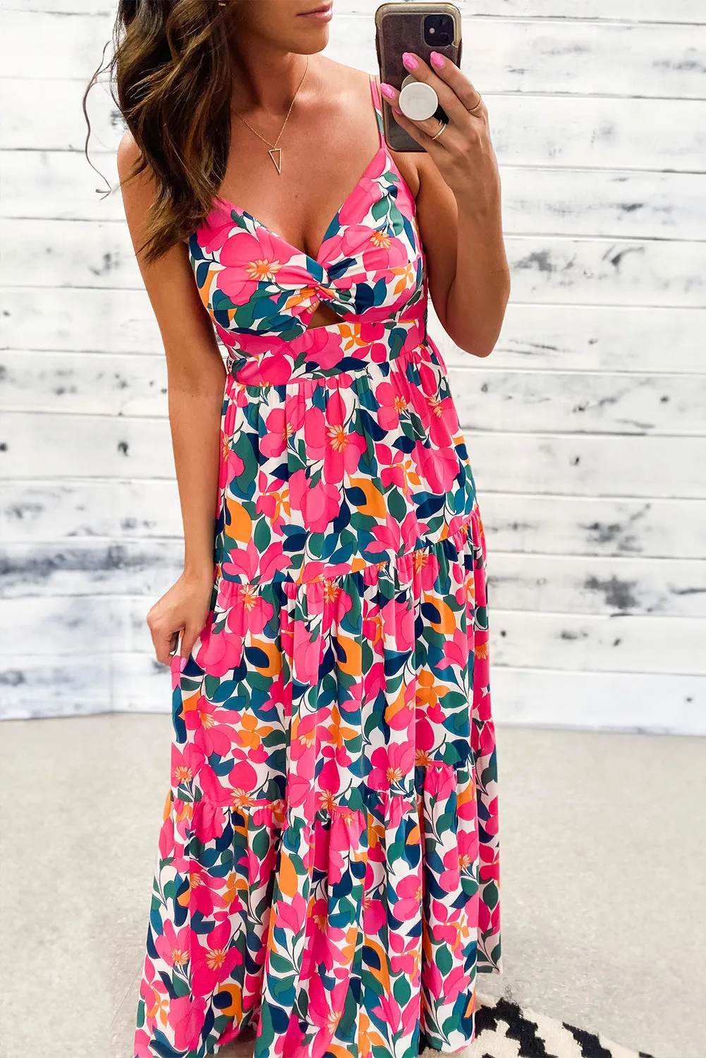 Rose Floral V Neck Twist Hollowed Tiered Cami Maxi Dress