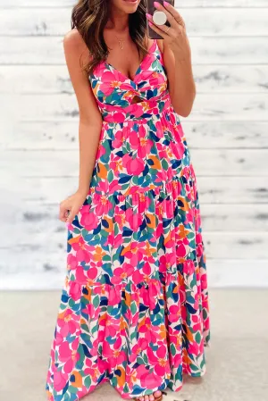 Rose Floral V Neck Twist Hollowed Tiered Cami Maxi Dress