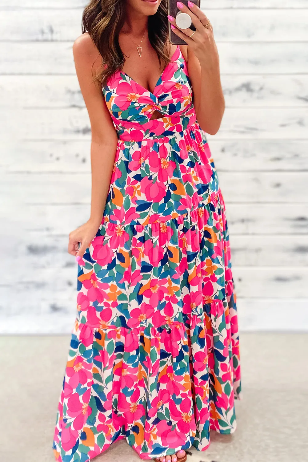 Rose Floral V Neck Twist Hollowed Tiered Cami Maxi Dress