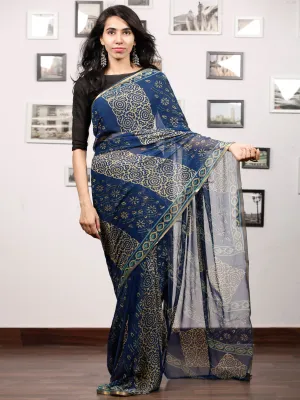 Royal Blue Yellow Hand Block Printed Chiffon Saree with Zari Border - S031703506