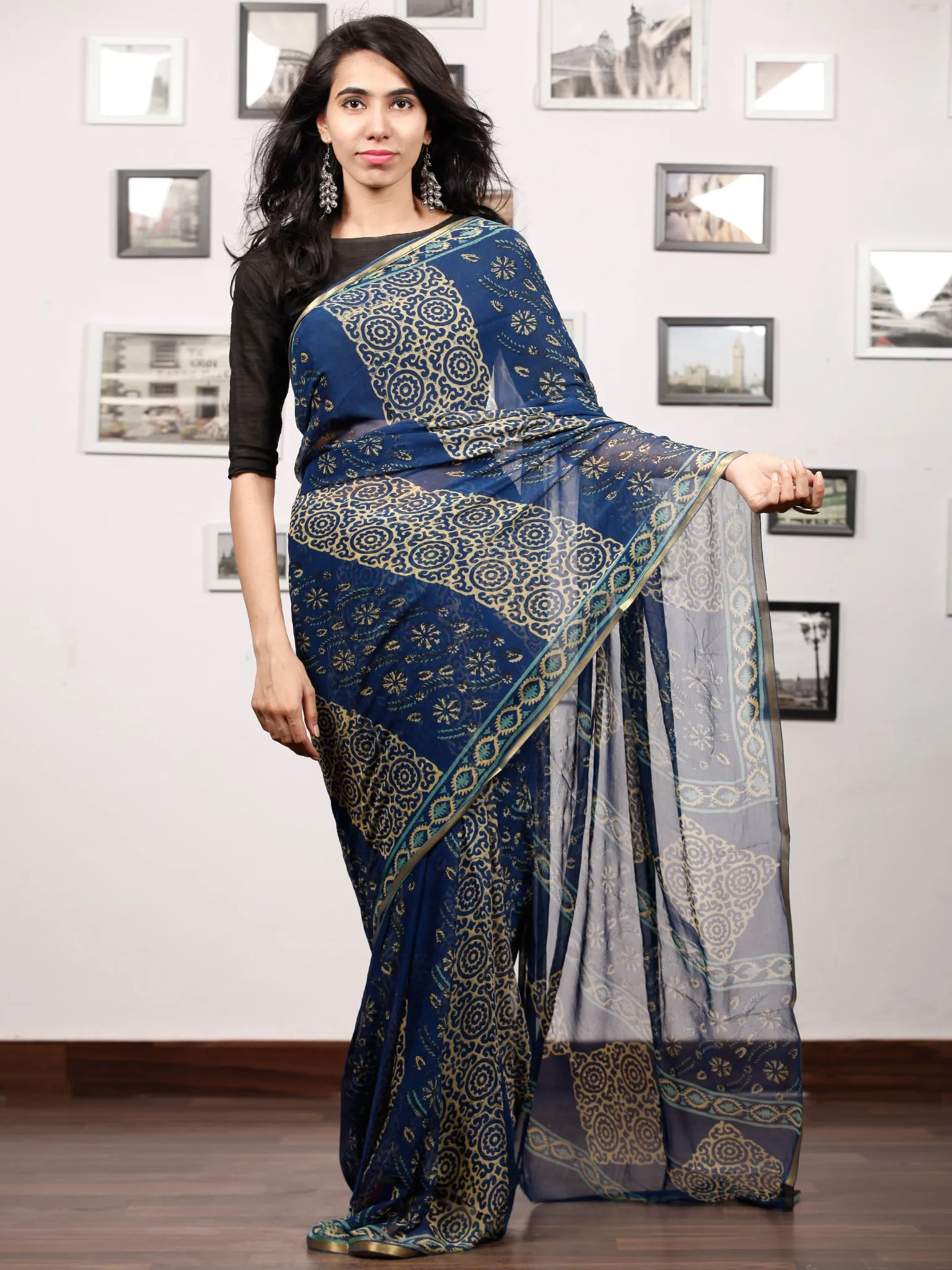 Royal Blue Yellow Hand Block Printed Chiffon Saree with Zari Border - S031703506