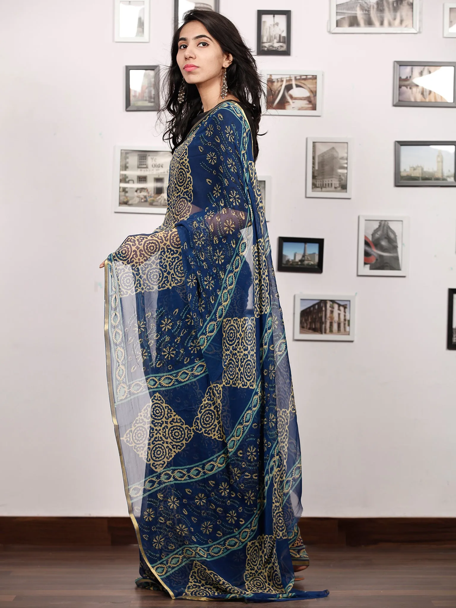 Royal Blue Yellow Hand Block Printed Chiffon Saree with Zari Border - S031703506