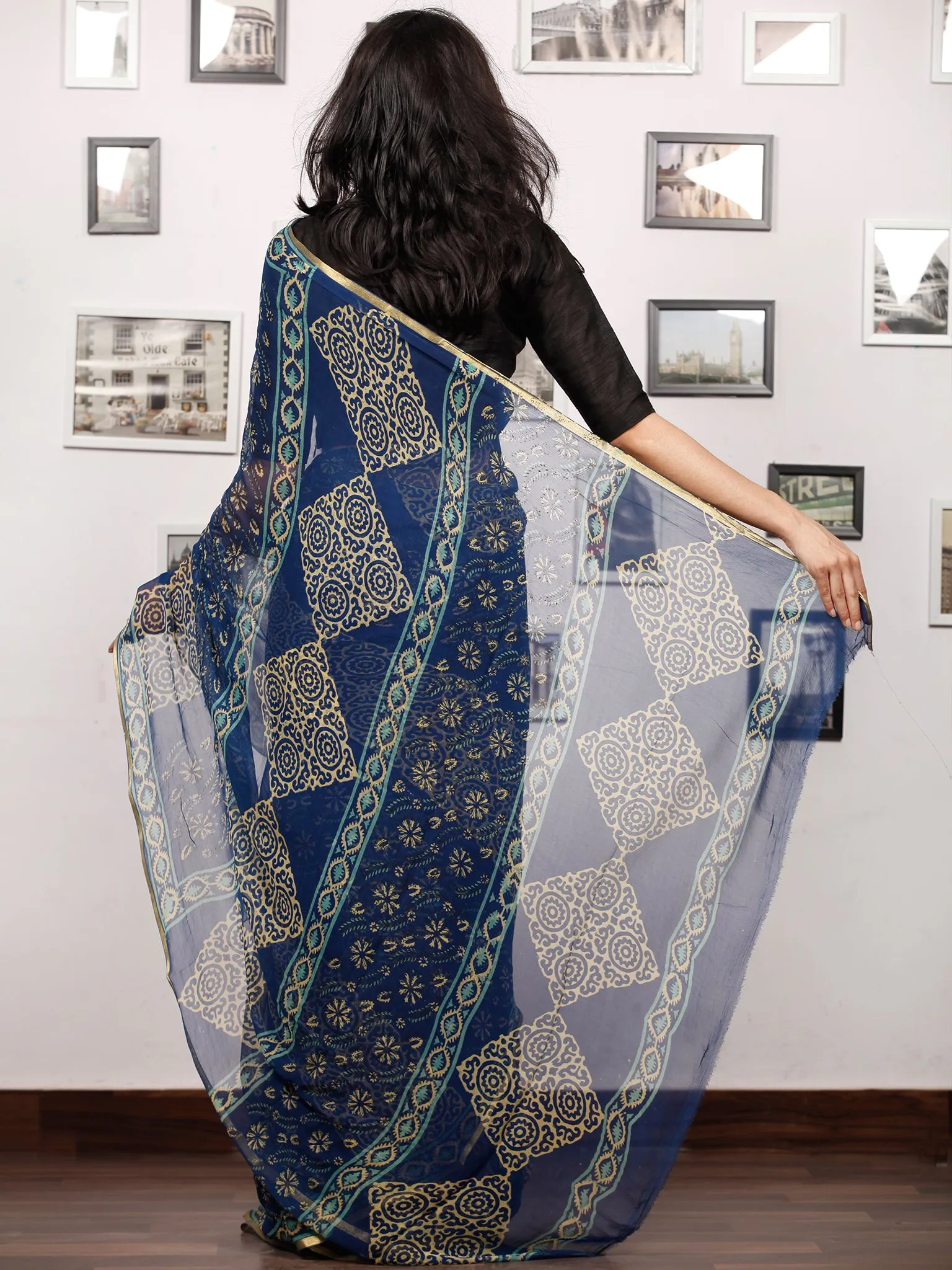 Royal Blue Yellow Hand Block Printed Chiffon Saree with Zari Border - S031703506