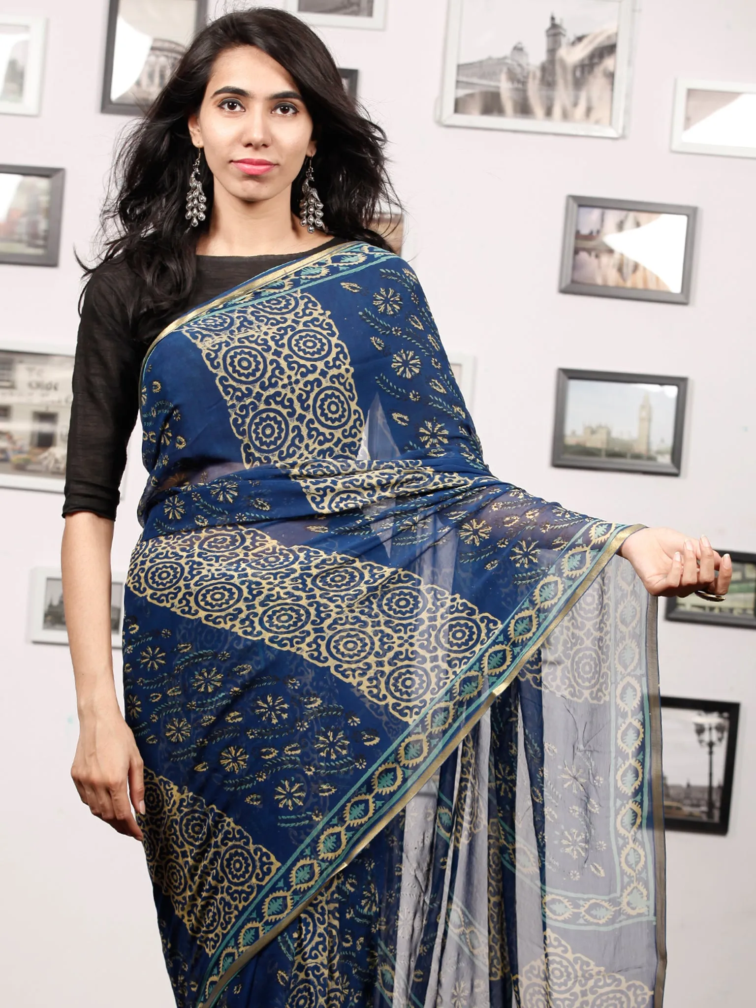 Royal Blue Yellow Hand Block Printed Chiffon Saree with Zari Border - S031703506