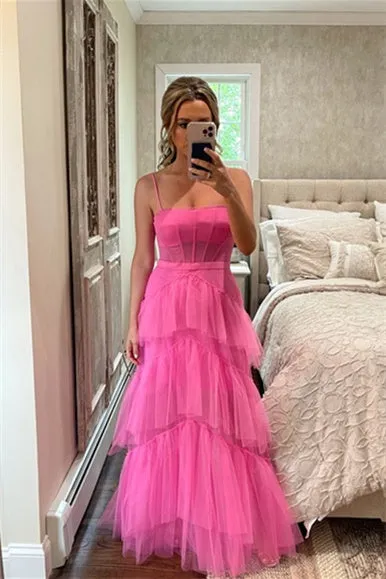 Roycebridal Princess Hot Pink Tiered Tulle Prom Dress