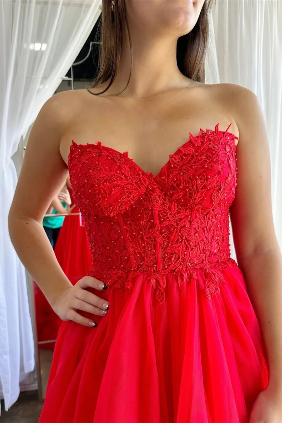 Roycebridal Romy | Red Tulle Appliques Sweetheart Ruffle Long Prom Dress