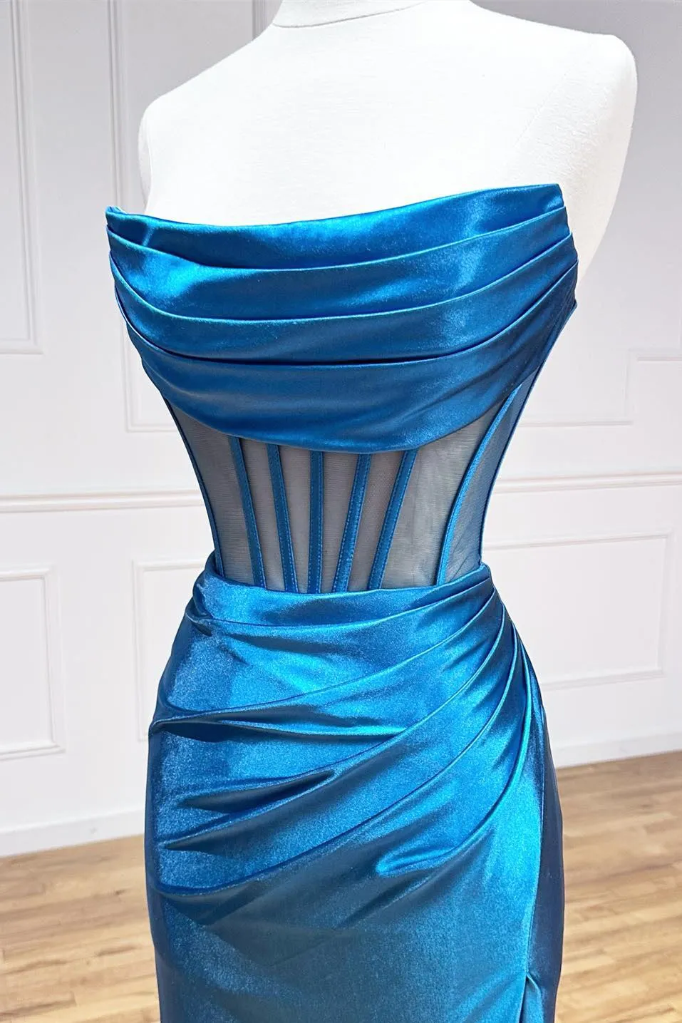 Roycebridal Strapless Pleated Boning Sheer Long Prom Dress with Slit