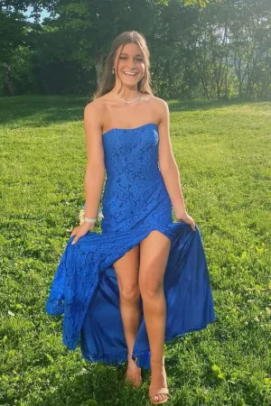Roycebridal Strapless Royal Blue Lace Prom Dress with Slit