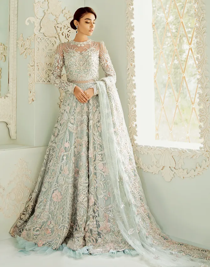 Sea Green Lehenga Choli Gown for Indian Bridal Wear
