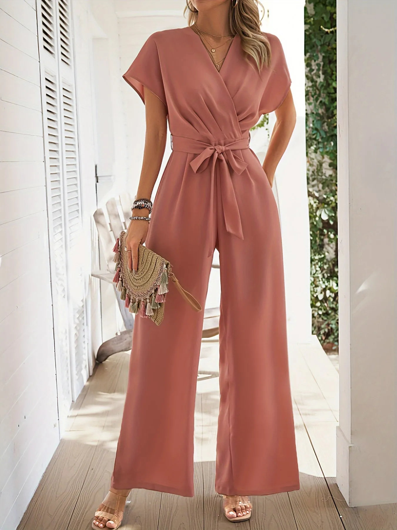 Short Sleeve Jumpsuit, Elegant Solid Tie Waist Wide Leg Jumpsuits