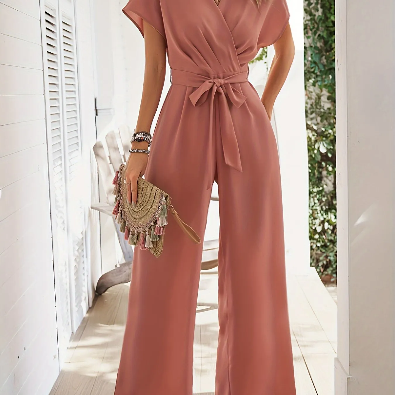 Short Sleeve Jumpsuit, Elegant Solid Tie Waist Wide Leg Jumpsuits
