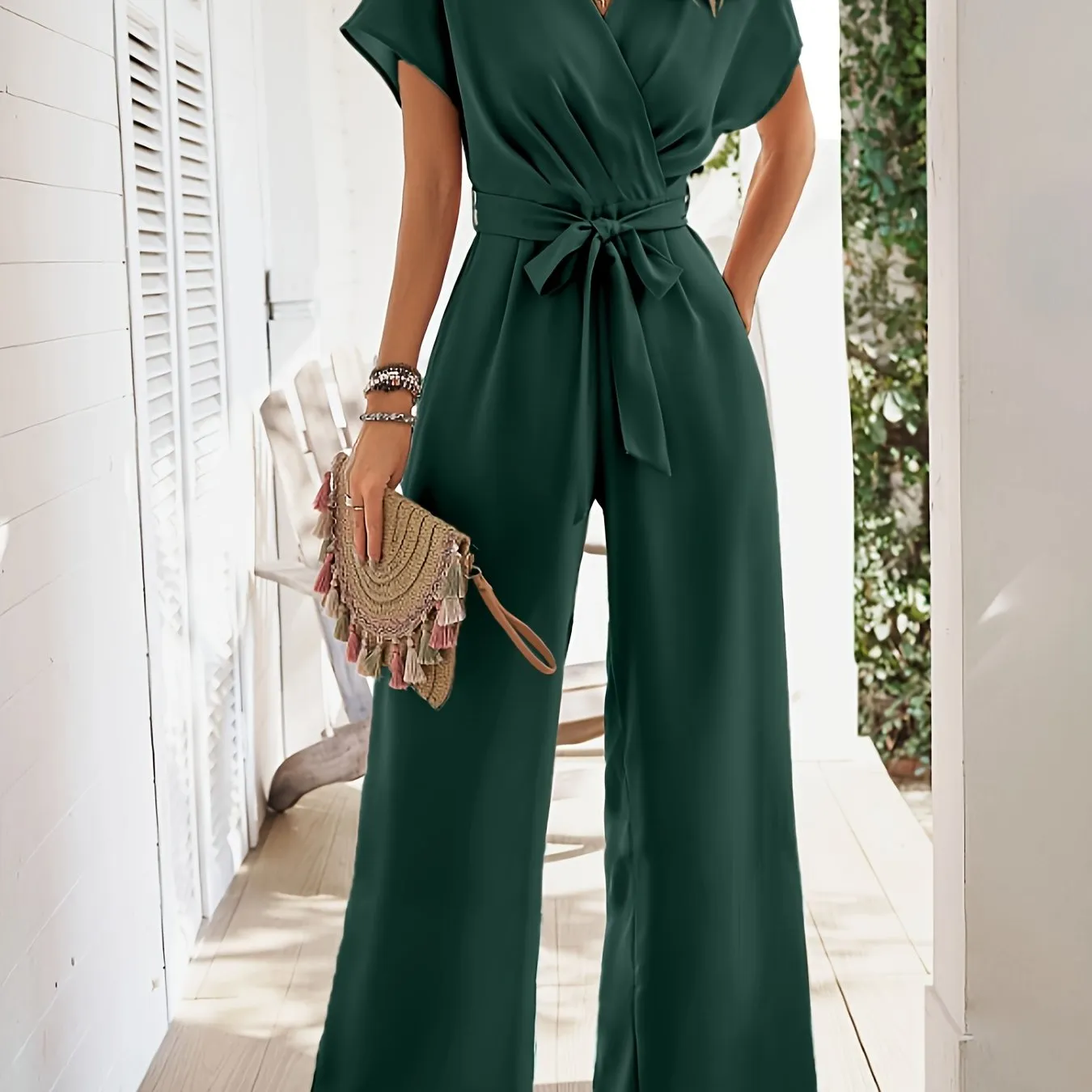 Short Sleeve Jumpsuit, Elegant Solid Tie Waist Wide Leg Jumpsuits