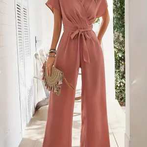 Short Sleeve Jumpsuit, Elegant Solid Tie Waist Wide Leg Jumpsuits