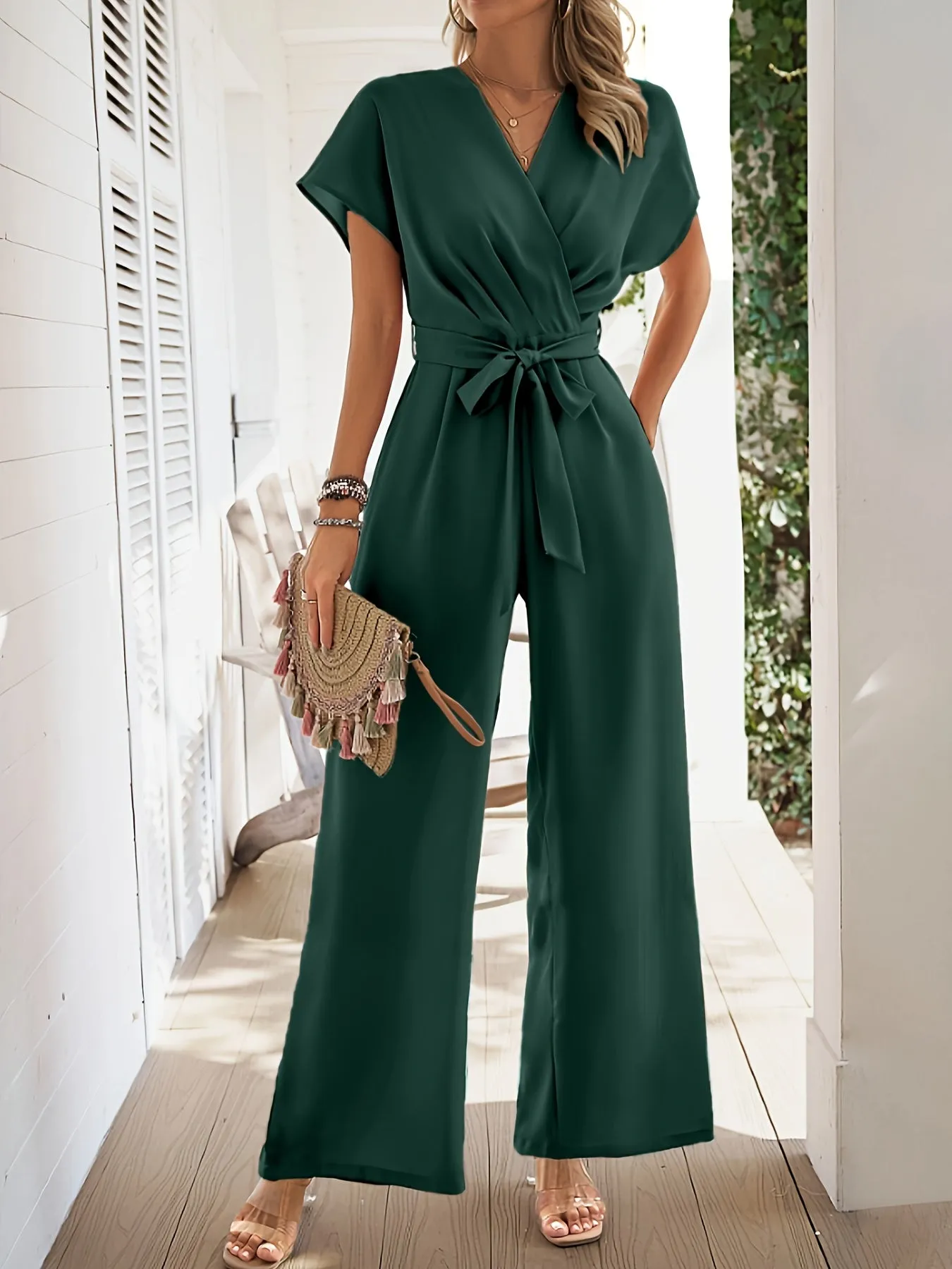Short Sleeve Jumpsuit, Elegant Solid Tie Waist Wide Leg Jumpsuits