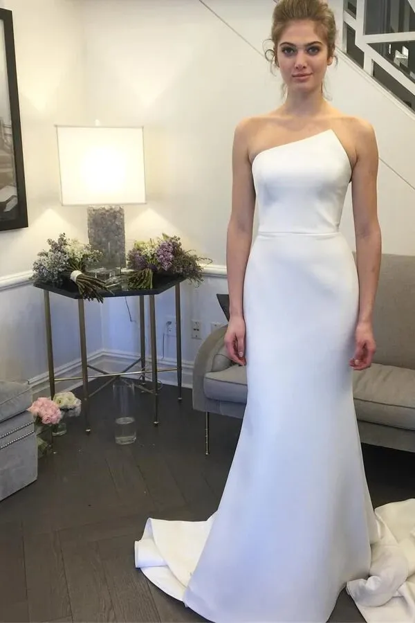 Simple Mermaid Ivory Strapless Wedding Dresses With Train, Wedding Gown, MW781