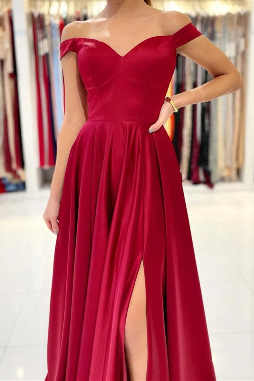 Simple Off the Shoulder Burgundy Satin Long Prom Dress with Slit, Off Shoulder Burgundy Formal Evening Dress