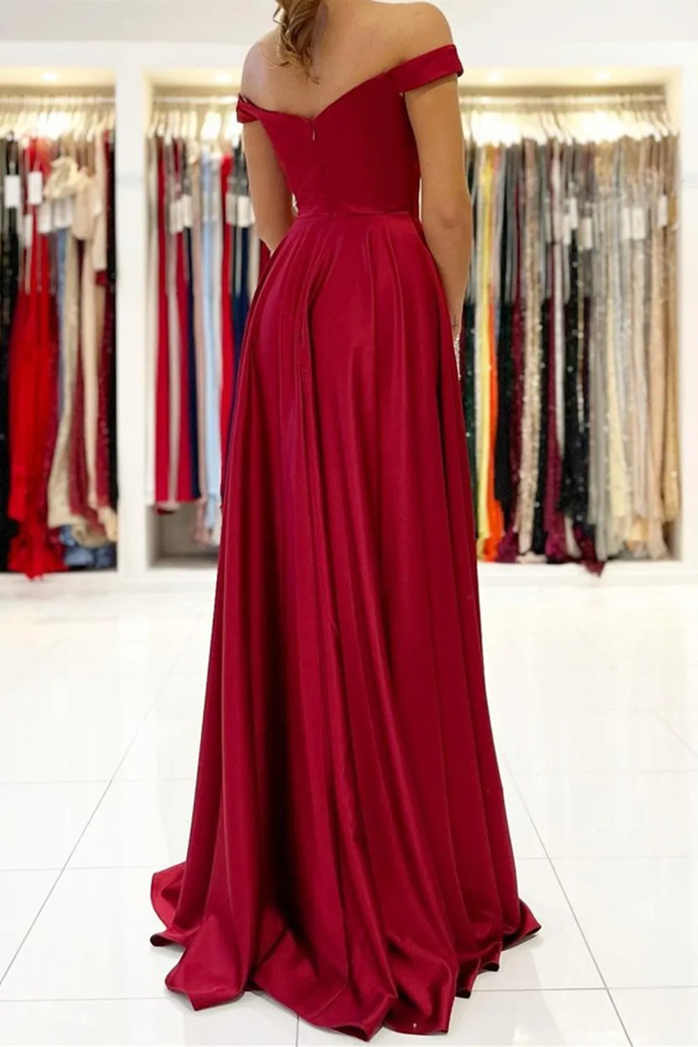 Simple Off the Shoulder Burgundy Satin Long Prom Dress with Slit, Off Shoulder Burgundy Formal Evening Dress