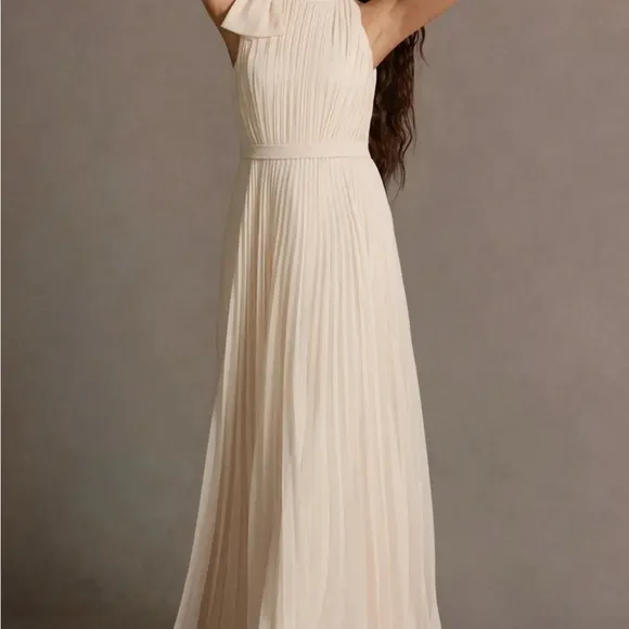 Size 8 Azazie Elegant Cream Pleated Maxi Dress