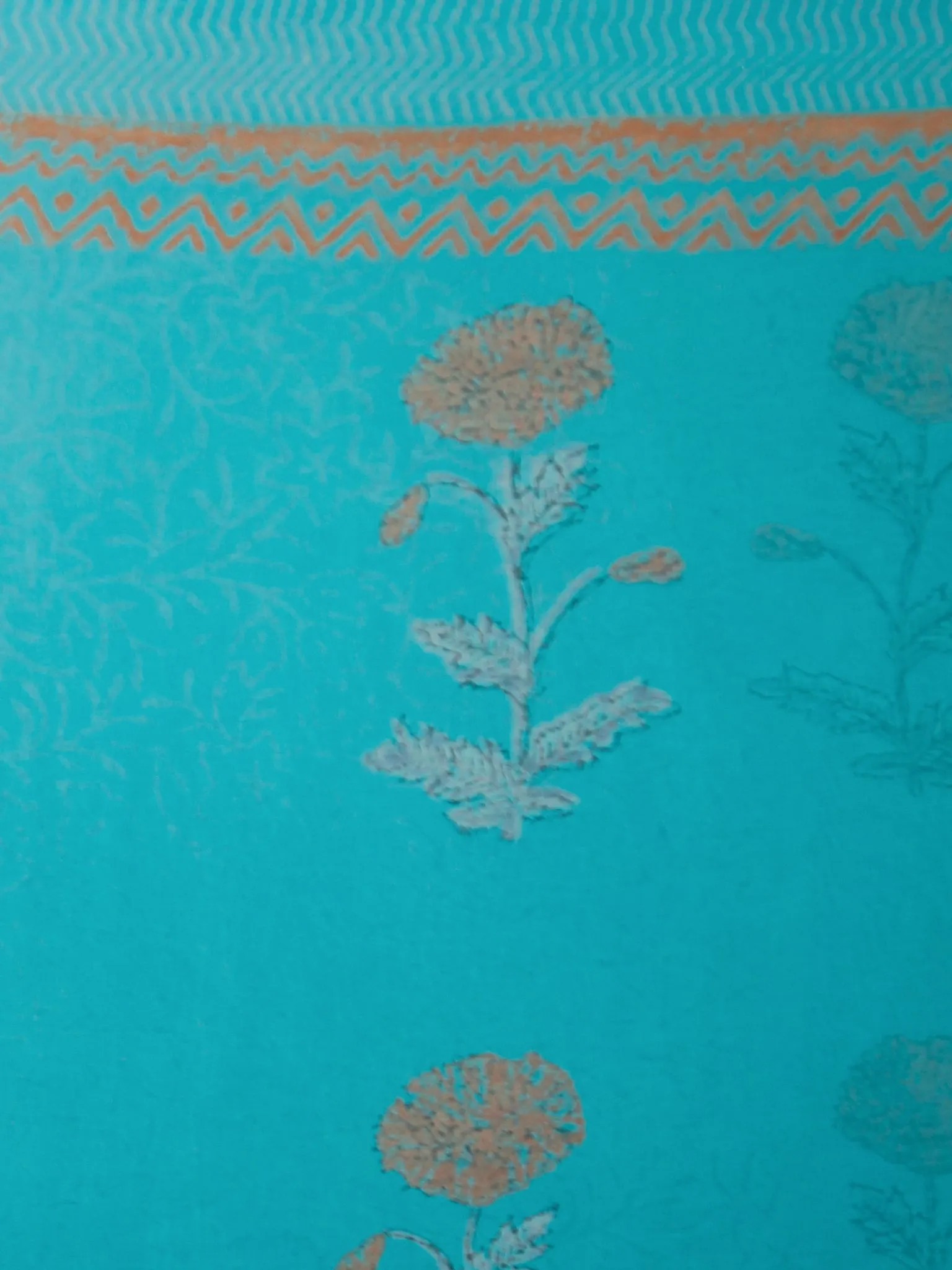 Sky Blue Rust Hand Block Printed Chiffon Saree with Zari Border - S031704067