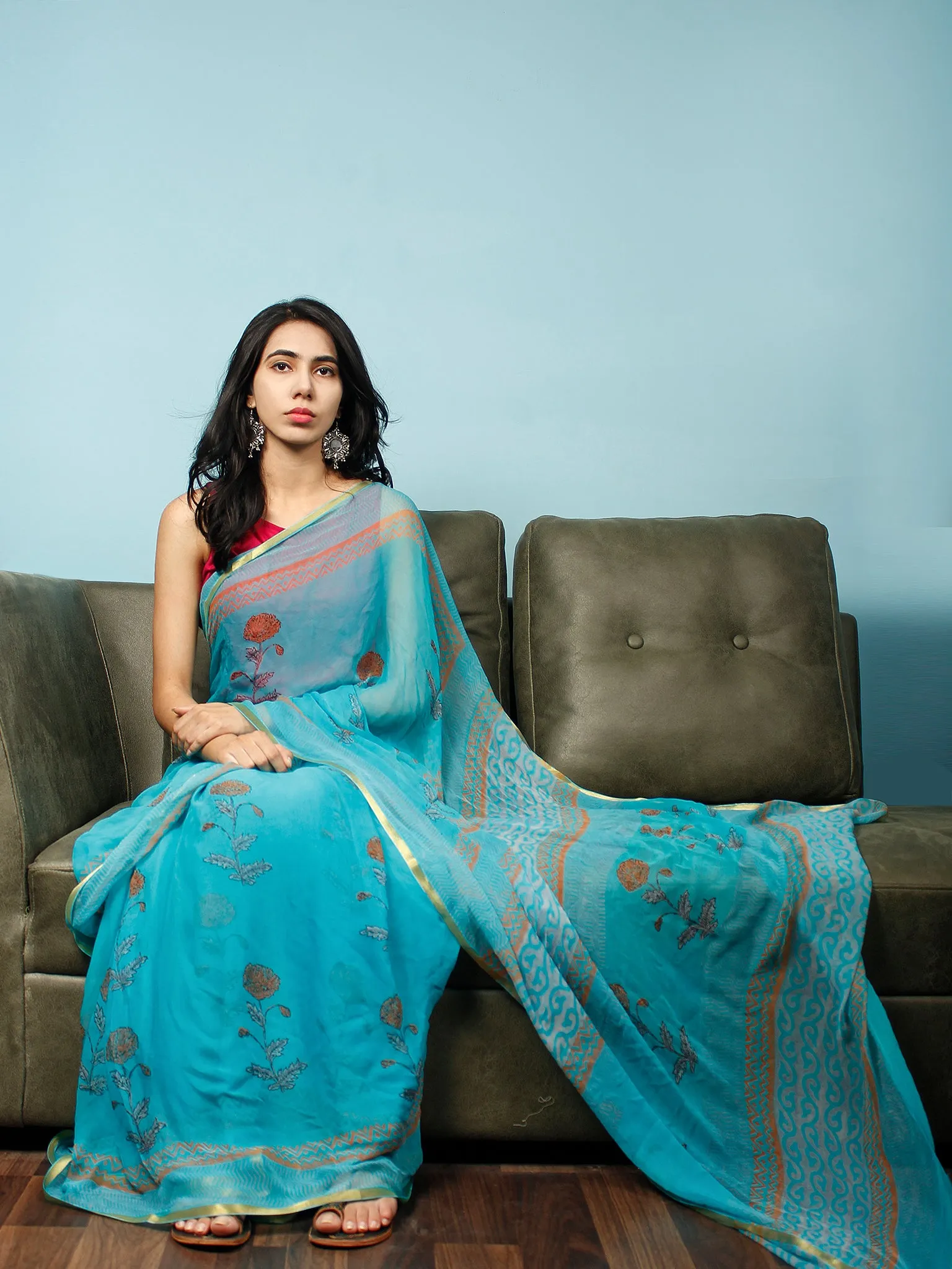 Sky Blue Rust Hand Block Printed Chiffon Saree with Zari Border - S031704067