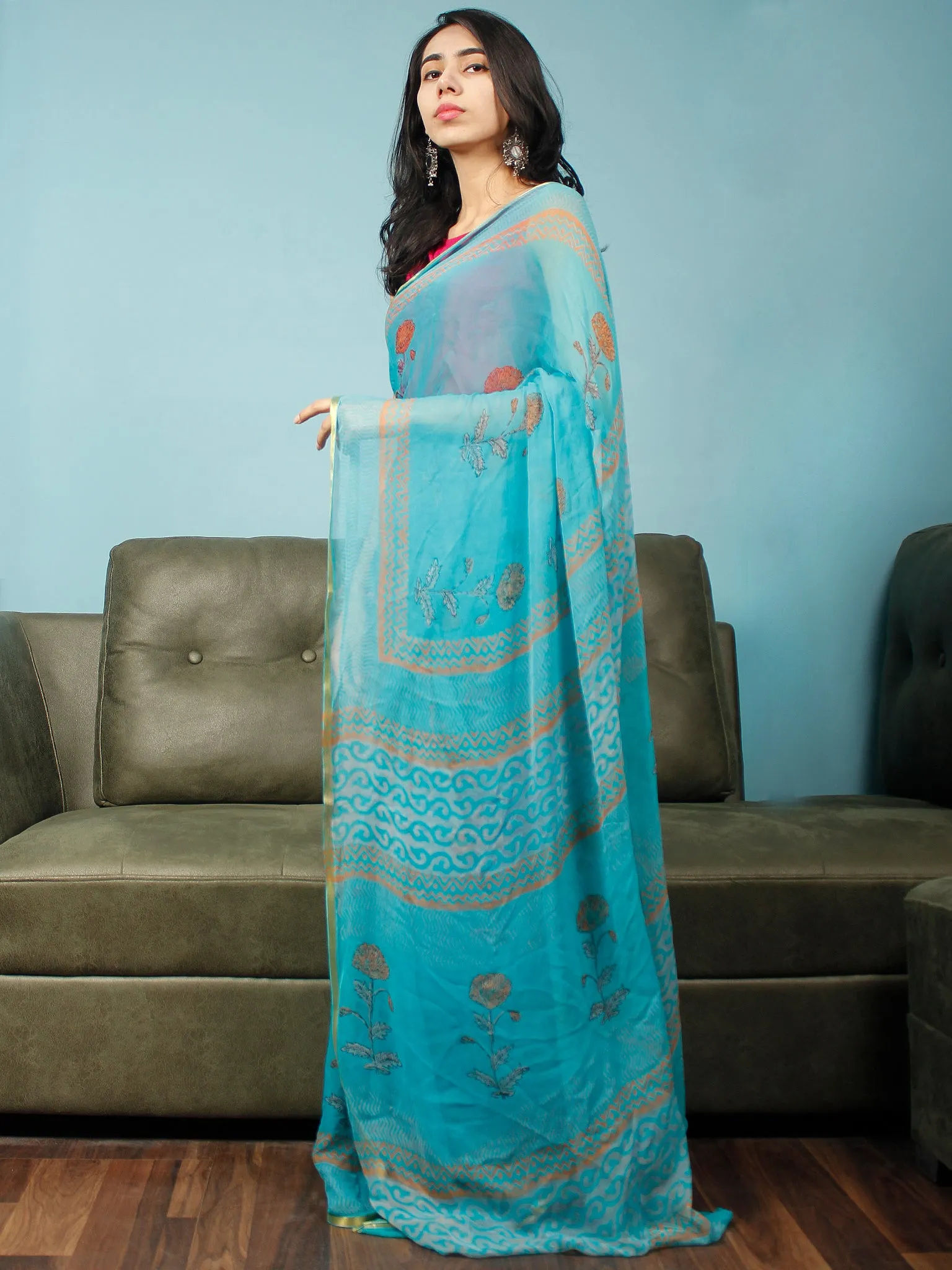 Sky Blue Rust Hand Block Printed Chiffon Saree with Zari Border - S031704067