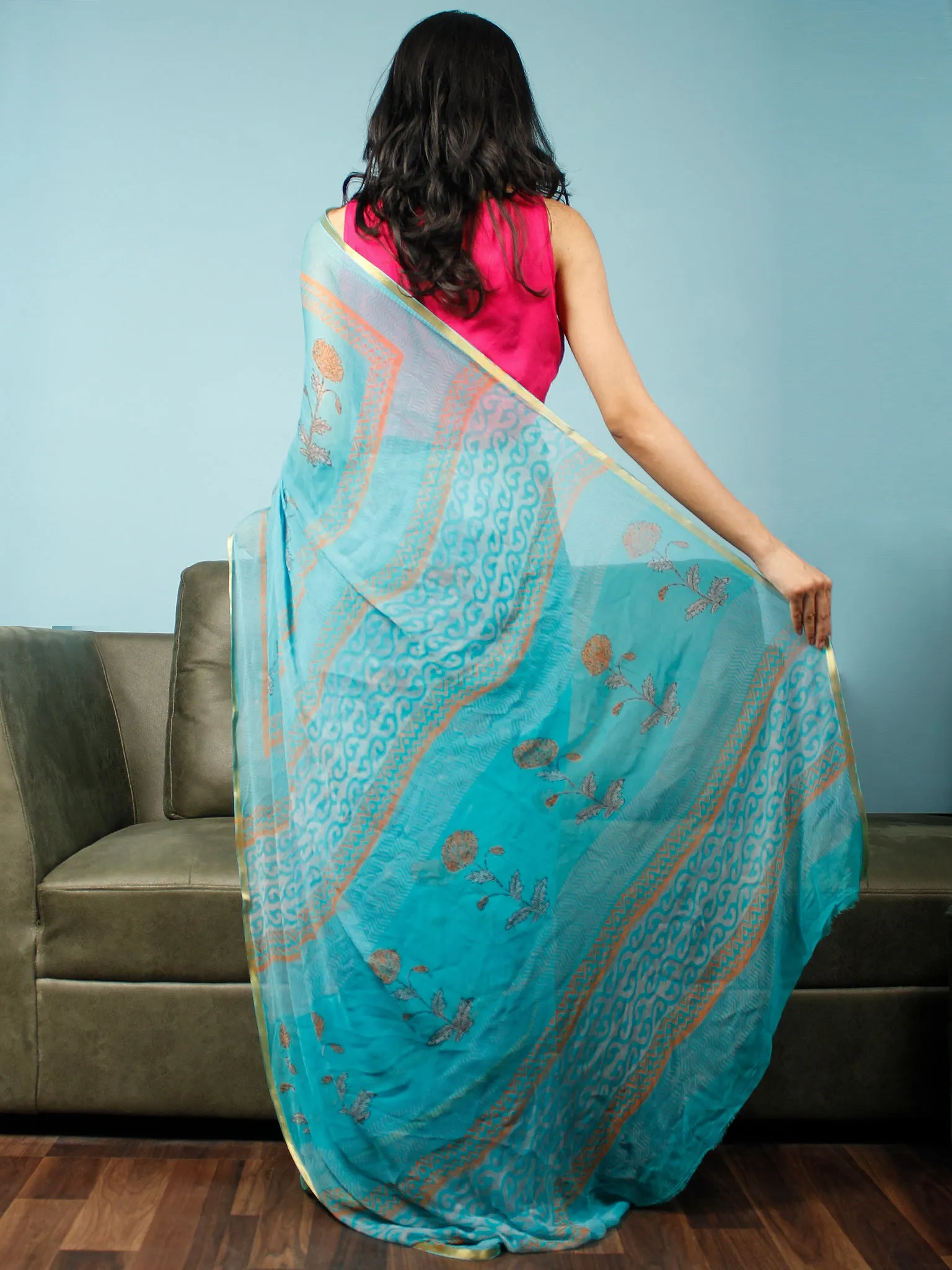 Sky Blue Rust Hand Block Printed Chiffon Saree with Zari Border - S031704067