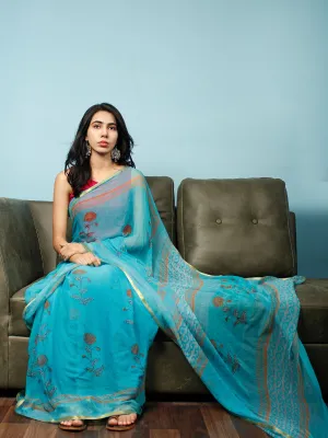 Sky Blue Rust Hand Block Printed Chiffon Saree with Zari Border - S031704067
