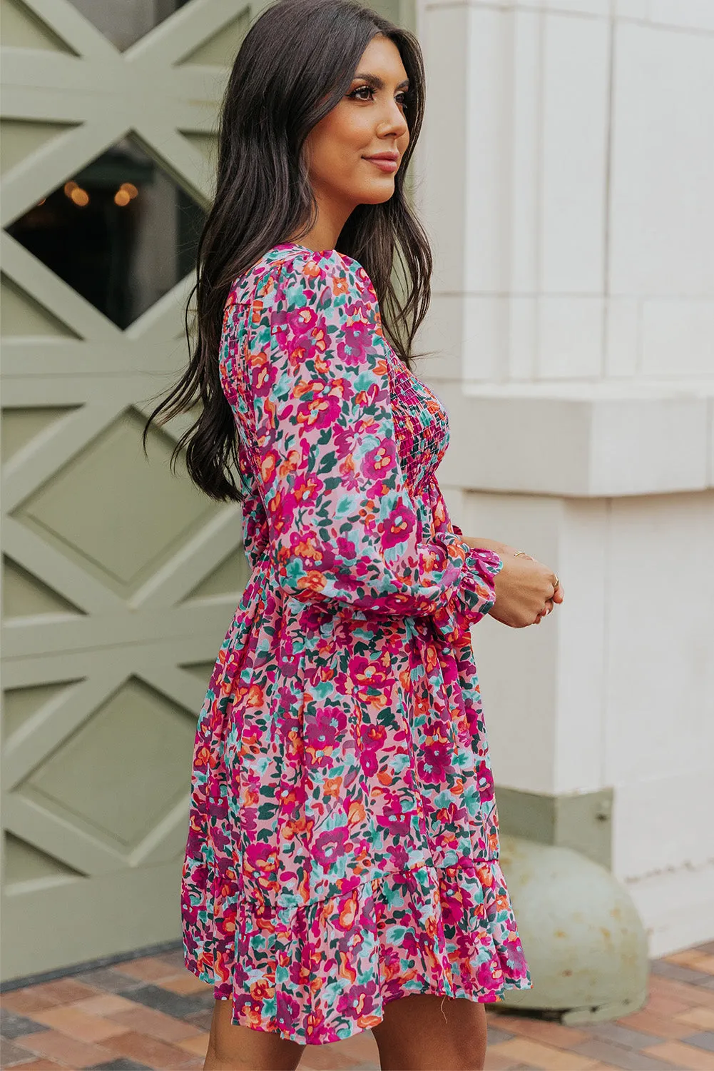 Smocked V Neck Puffy Sleeve Floral Dress