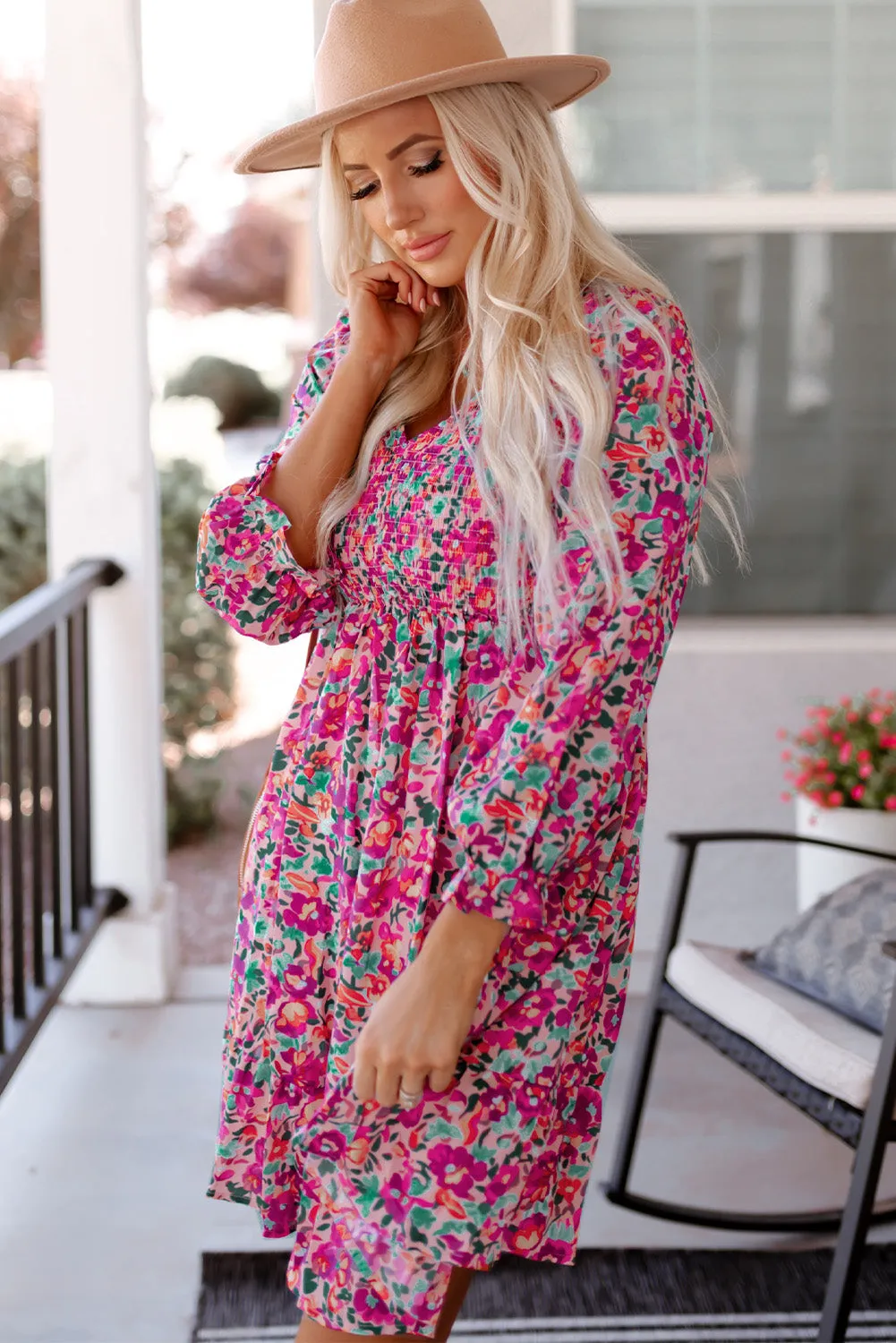 Smocked V Neck Puffy Sleeve Floral Dress