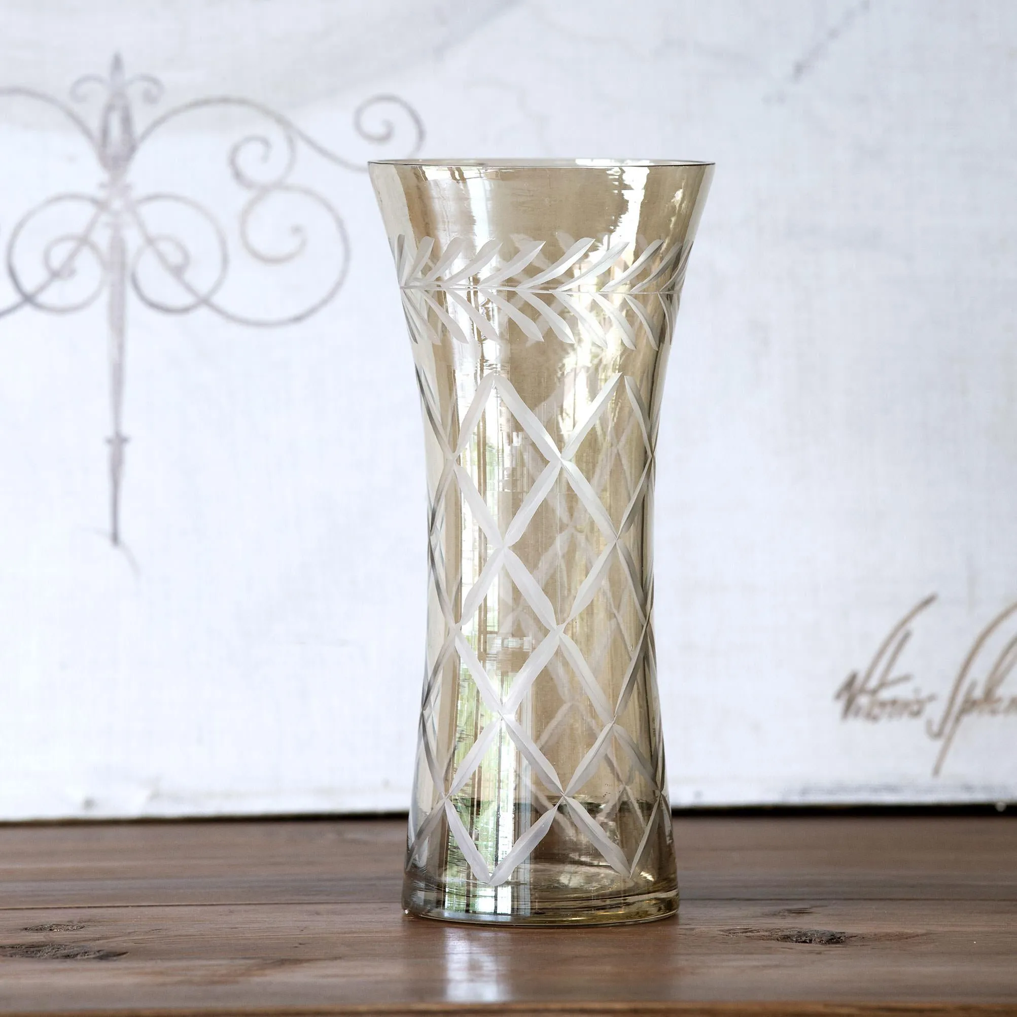Smokey Glass Etched Vase