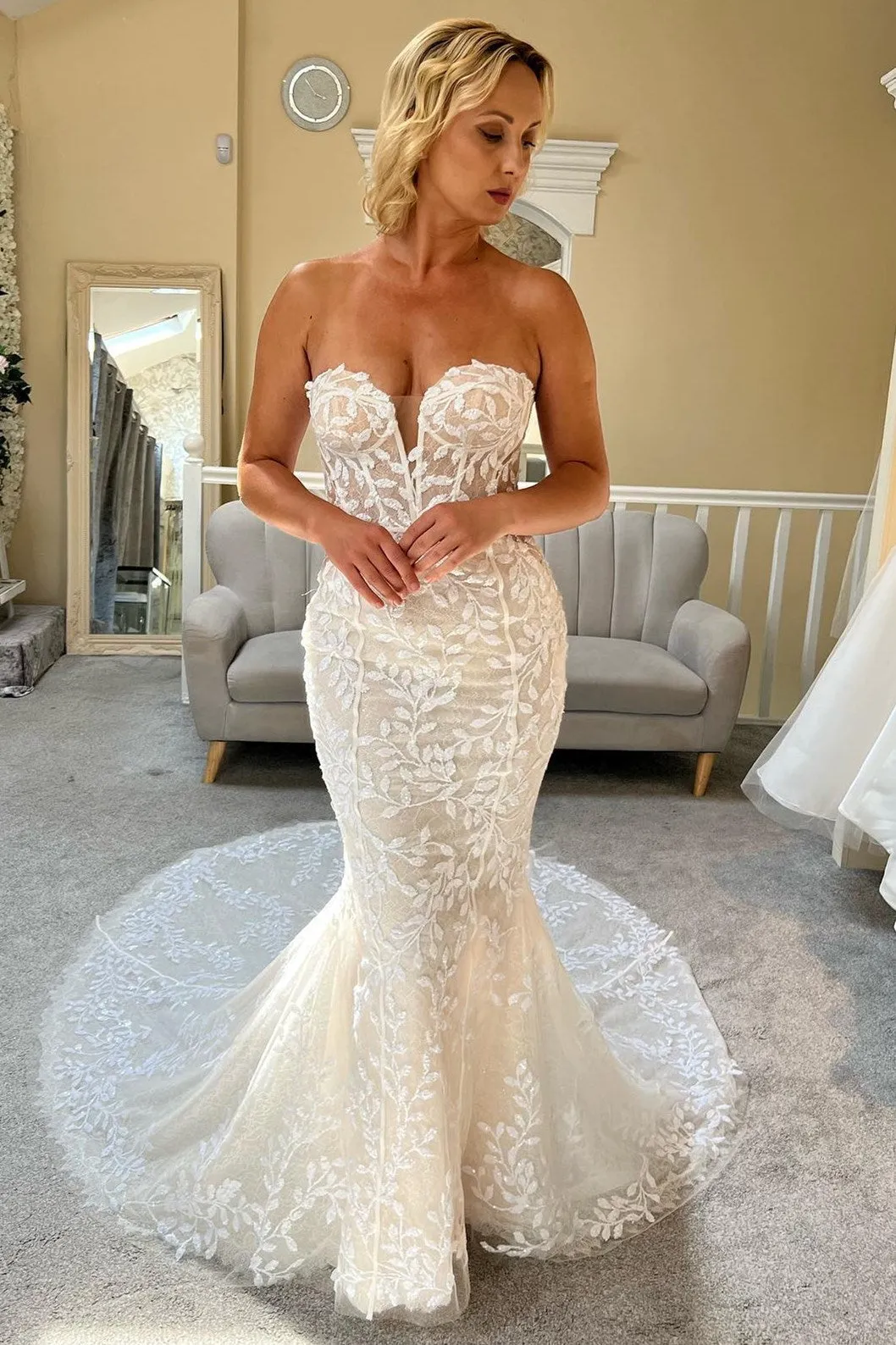 Stormi | Ivory Lace Strapless Mermaid Long Wedding Dress