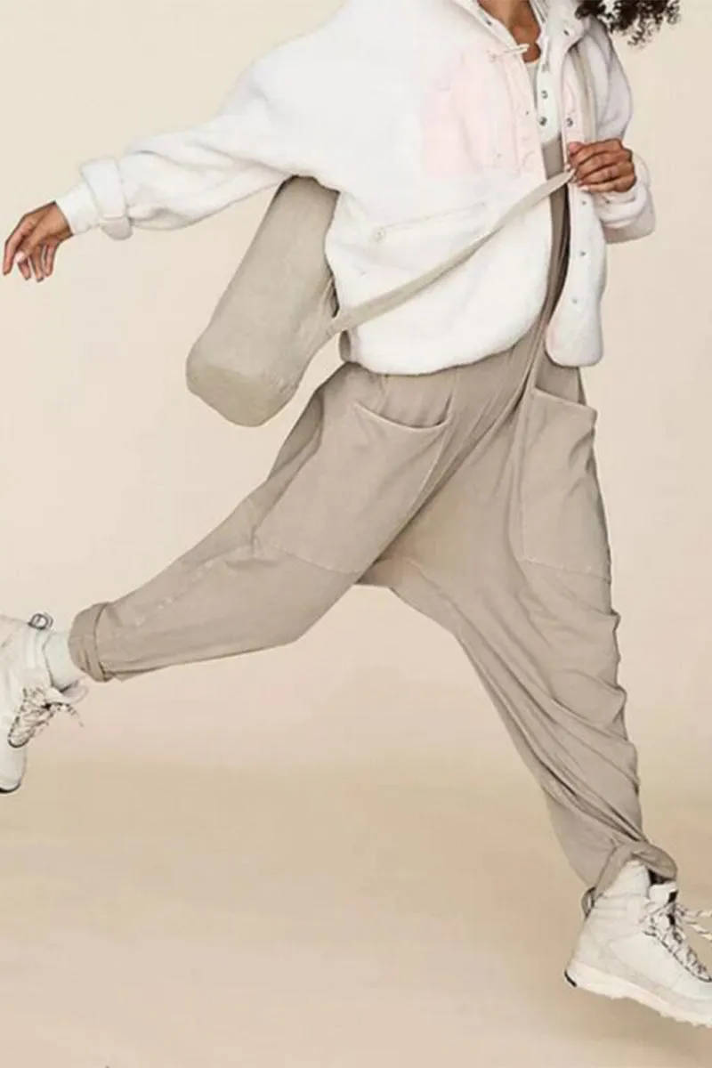 Street Solid Solid Color V Neck Loose Jumpsuits(3 Colors)