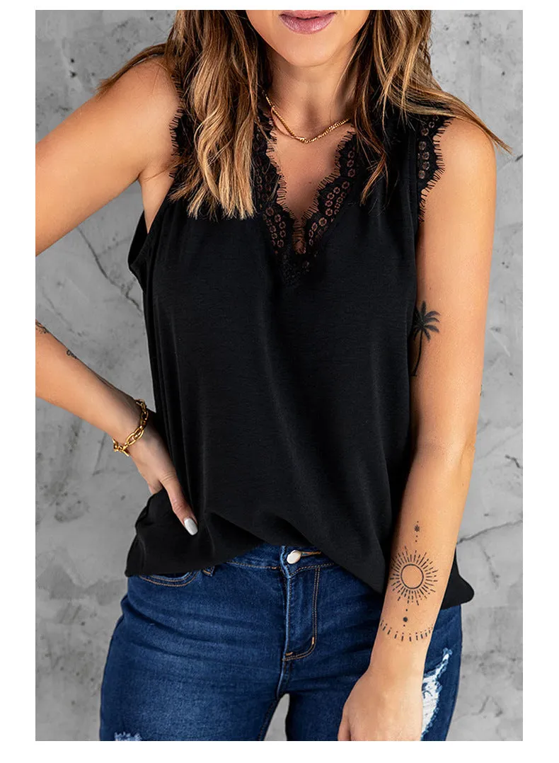 Stunncal Inside And Outside Lace Sleeveless Loose Tops(5 colors)