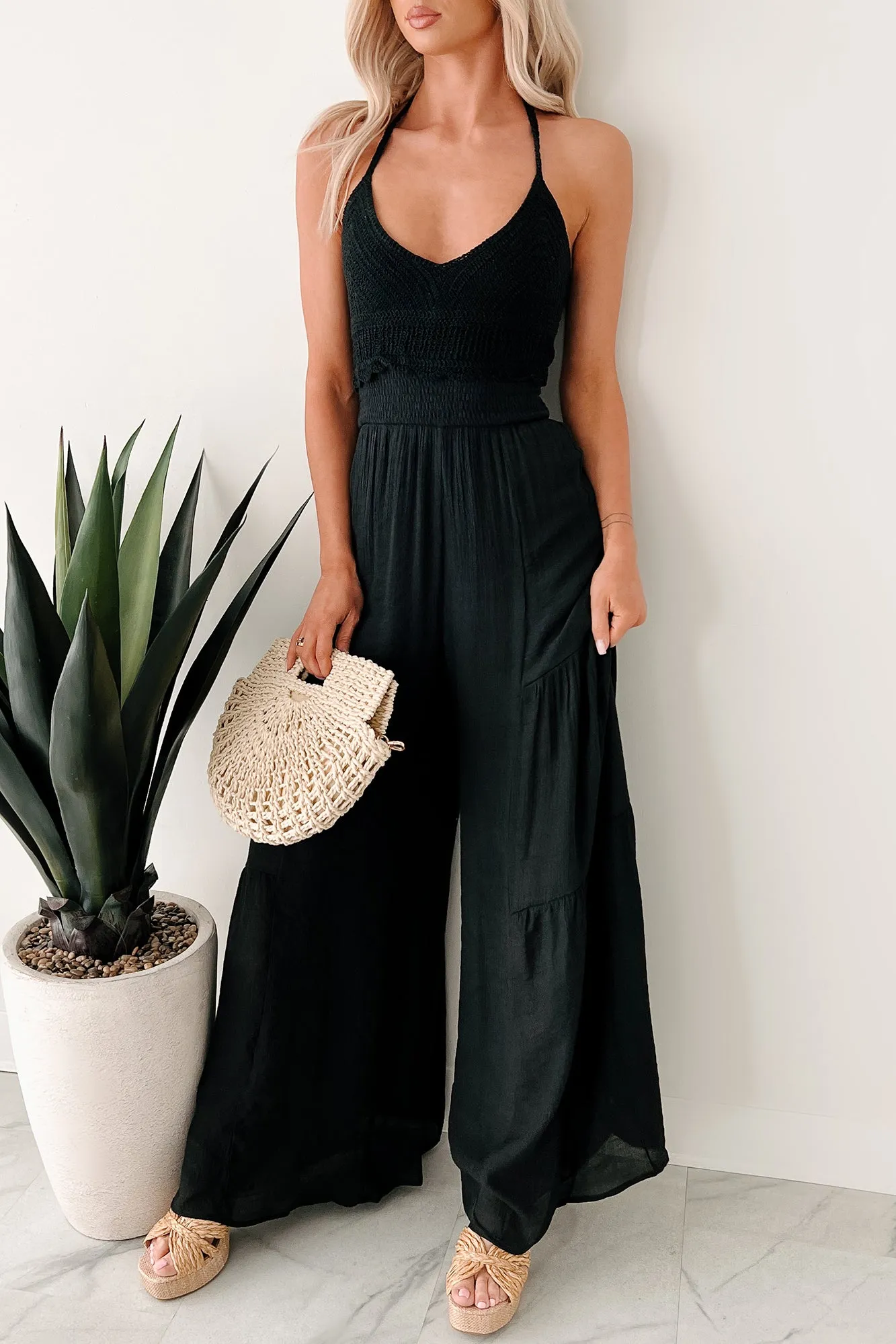 Under The Open Sky Crochet Halter Wide Leg Jumpsuit (Black)