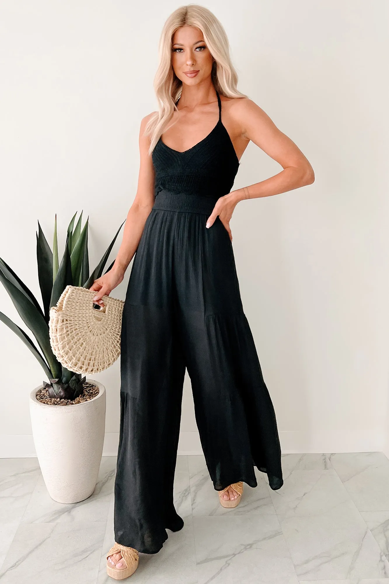 Under The Open Sky Crochet Halter Wide Leg Jumpsuit (Black)