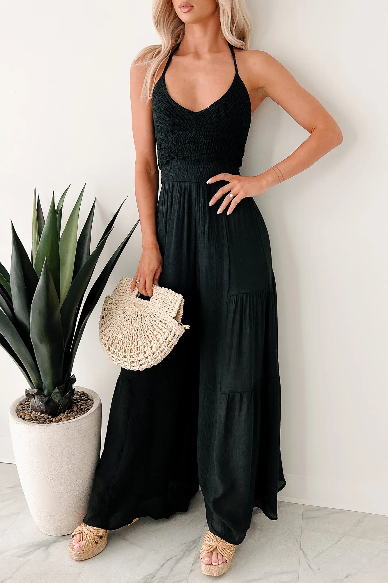 Under The Open Sky Crochet Halter Wide Leg Jumpsuit (Black)