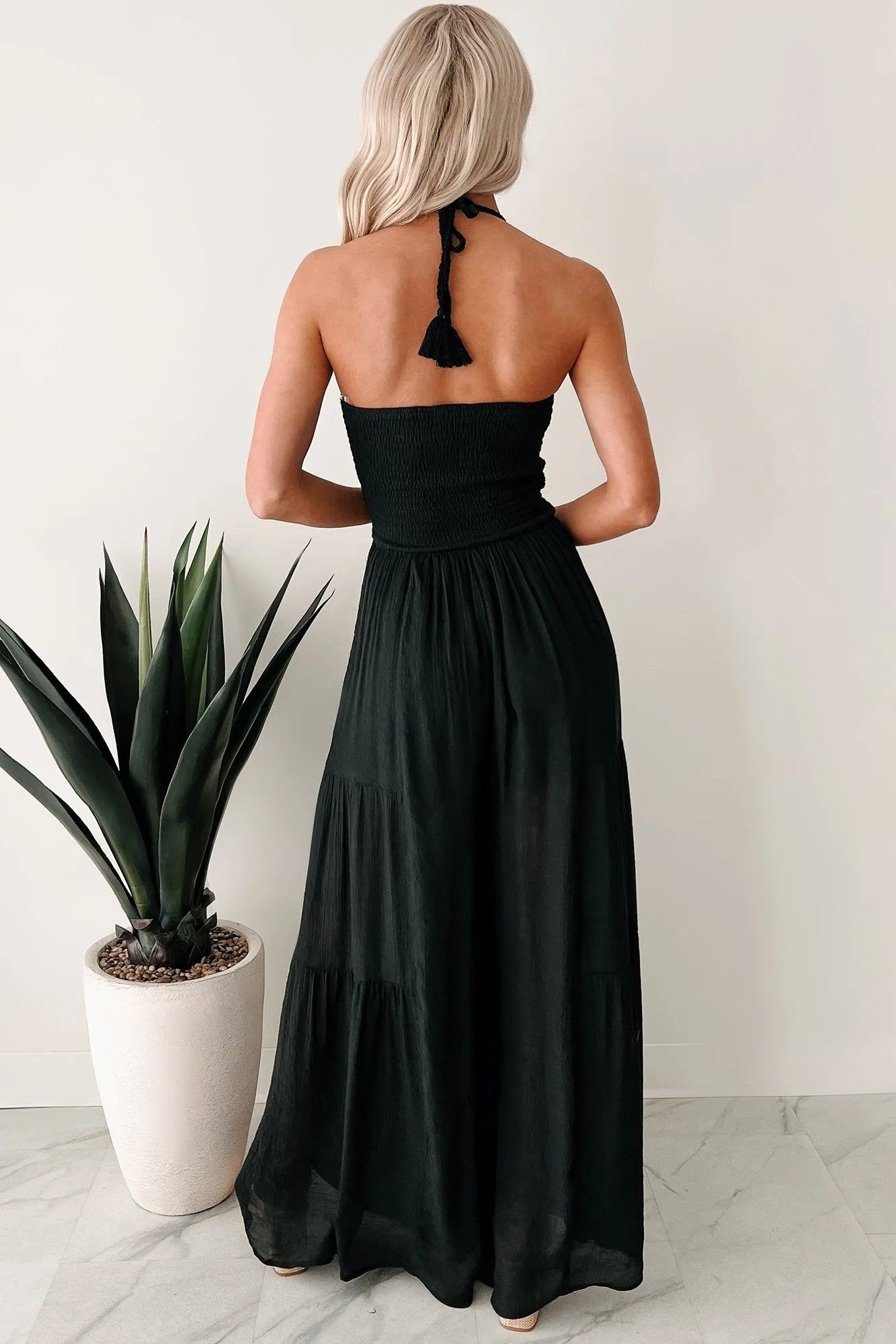 Under The Open Sky Crochet Halter Wide Leg Jumpsuit (Black)