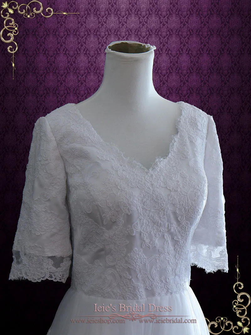V Neck Lace A-line Wedding Dress with Half Sleeves | Alicia