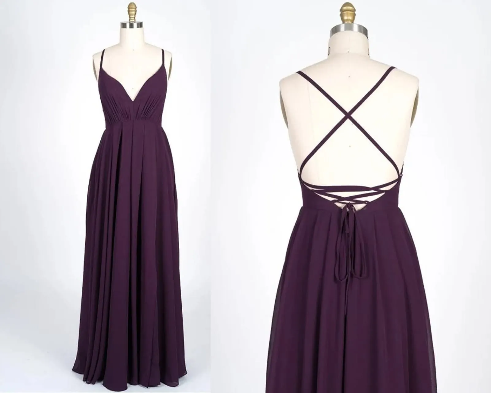 V-Neck Spaghetti Strap Criss-Cross Strappy Plum Chiffon Bridesmaid Dress